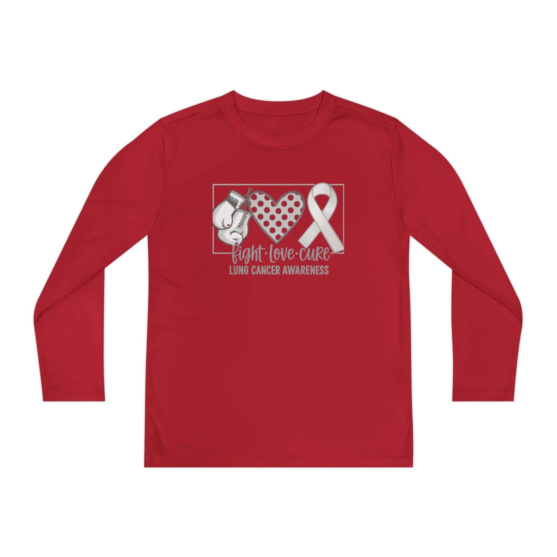 Fight Love Cure Lung Cancer Awareness Youth Long Sleeve Shirt | Kids Awareness Tee on a red background with boxing gloves and ribbon design.