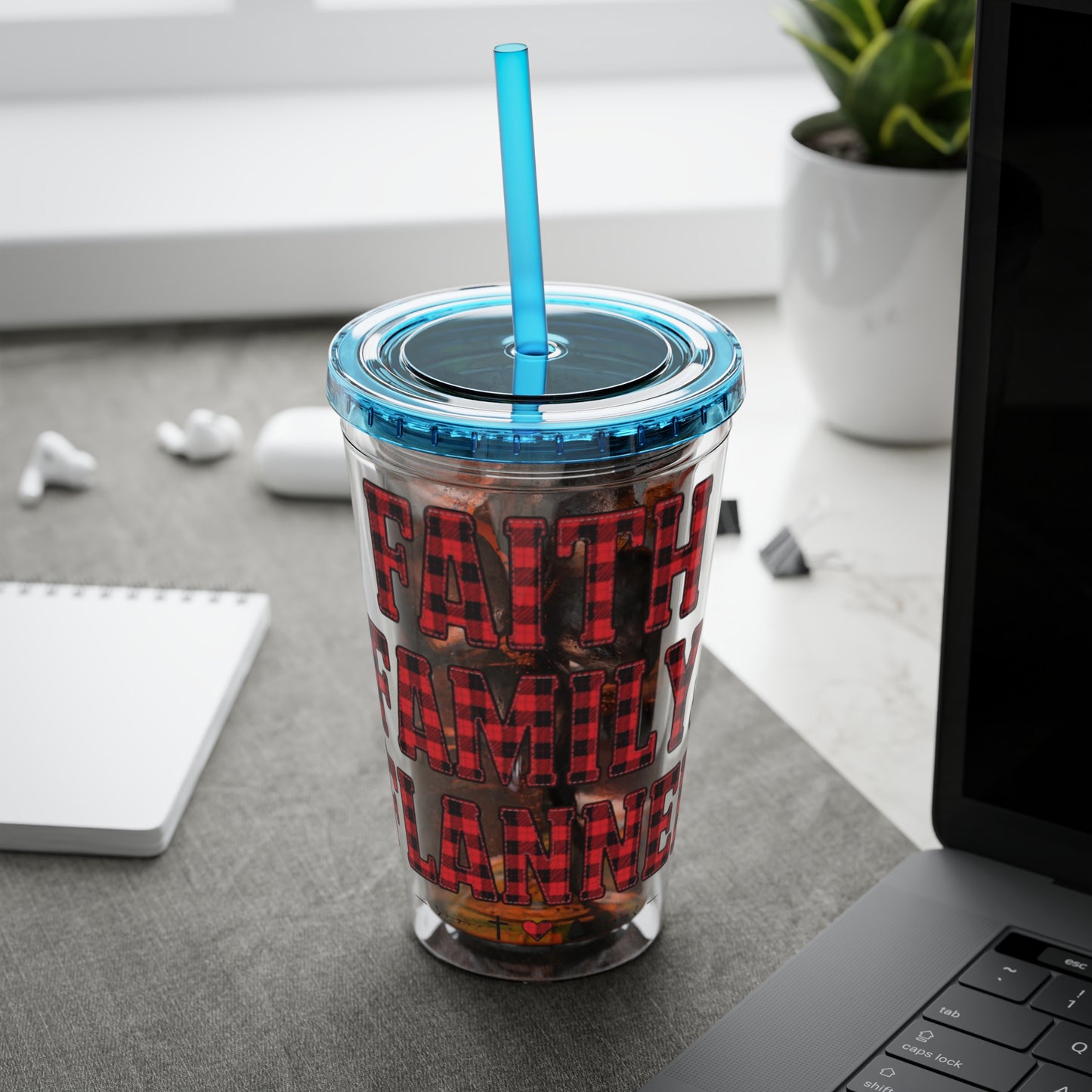 Faith, Family & Flannel Acrylic Tumbler with Straw | Christian Buffalo Plaid Cup (9 Color Options)