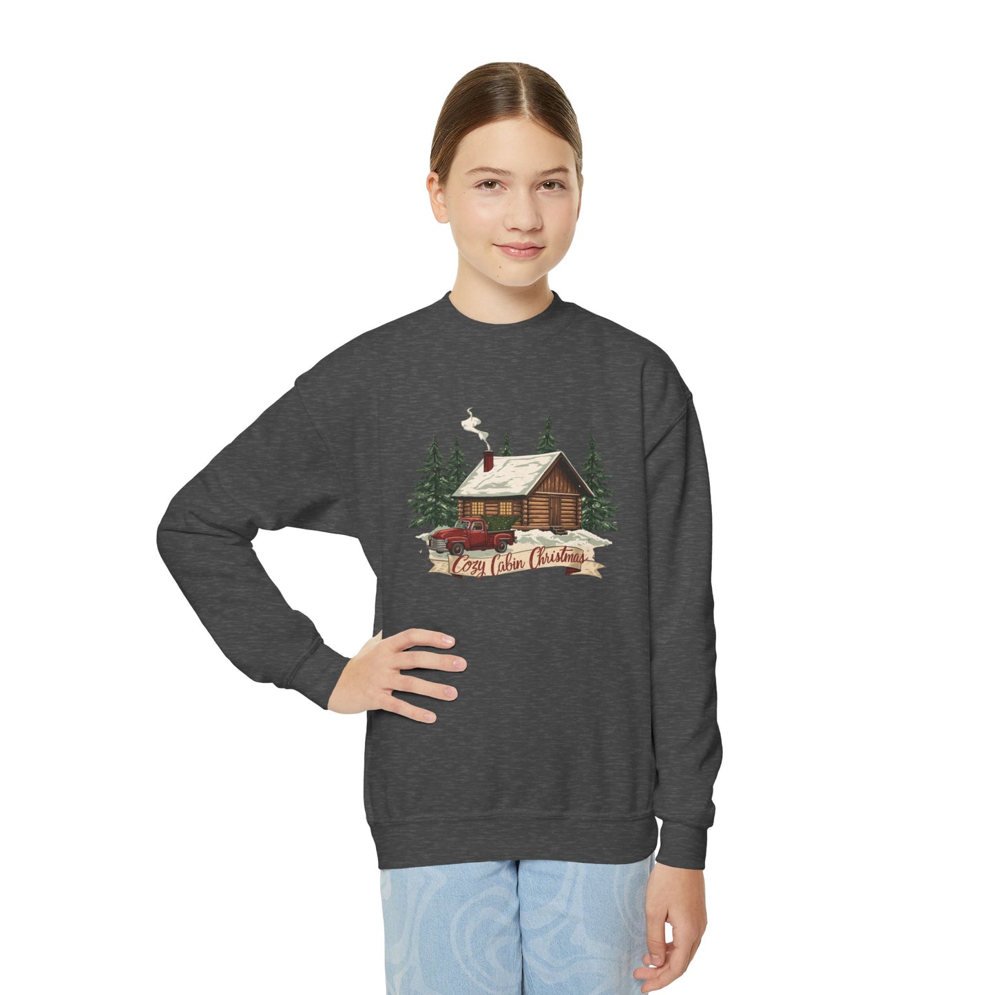 Cozy Cabin Christmas Youth Crewneck | Kids Holiday Sweatshirt | Vintage Cabin & Red Truck Christmas Sweater (10 Colors)