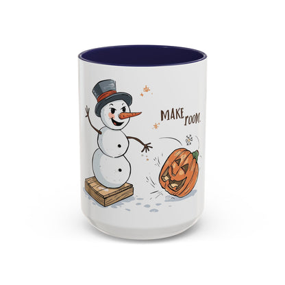 Winter to Fall Humor Mug – “Make Room” Snowman & Pumpkin Mug
