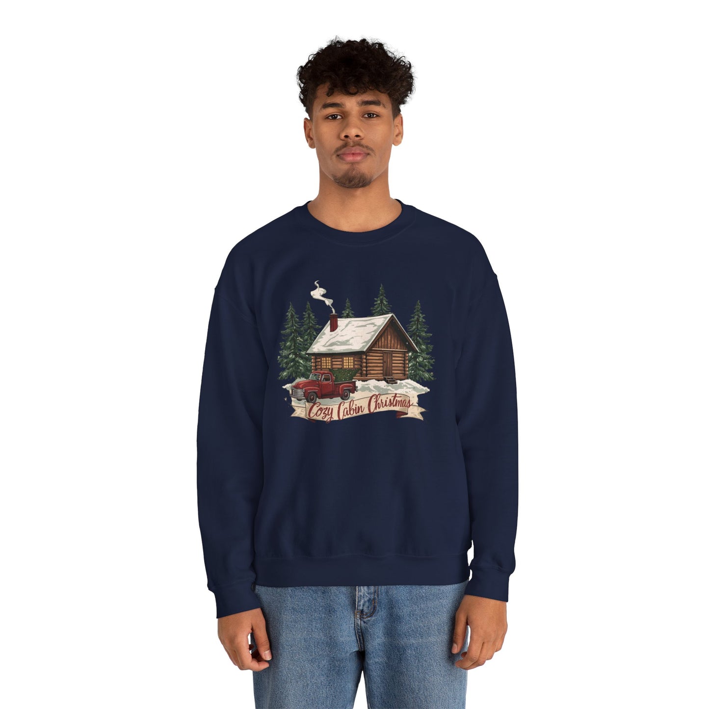 Cozy Cabin Christmas Crewneck Sweatshirt | Rustic Red Truck Holiday Sweater (9 Color Options)