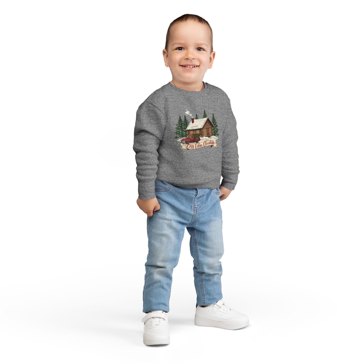 Cozy Cabin Christmas Toddler Crewneck | Kids Holiday Sweatshirt | Vintage Red Truck & Cabin Christmas Sweater (8 Colors)