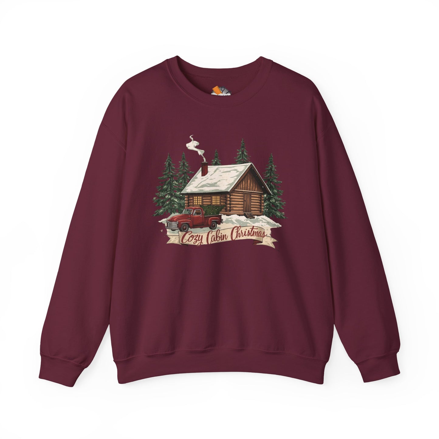 Cozy Cabin Christmas Crewneck Sweatshirt | Rustic Red Truck Holiday Sweater (9 Color Options)