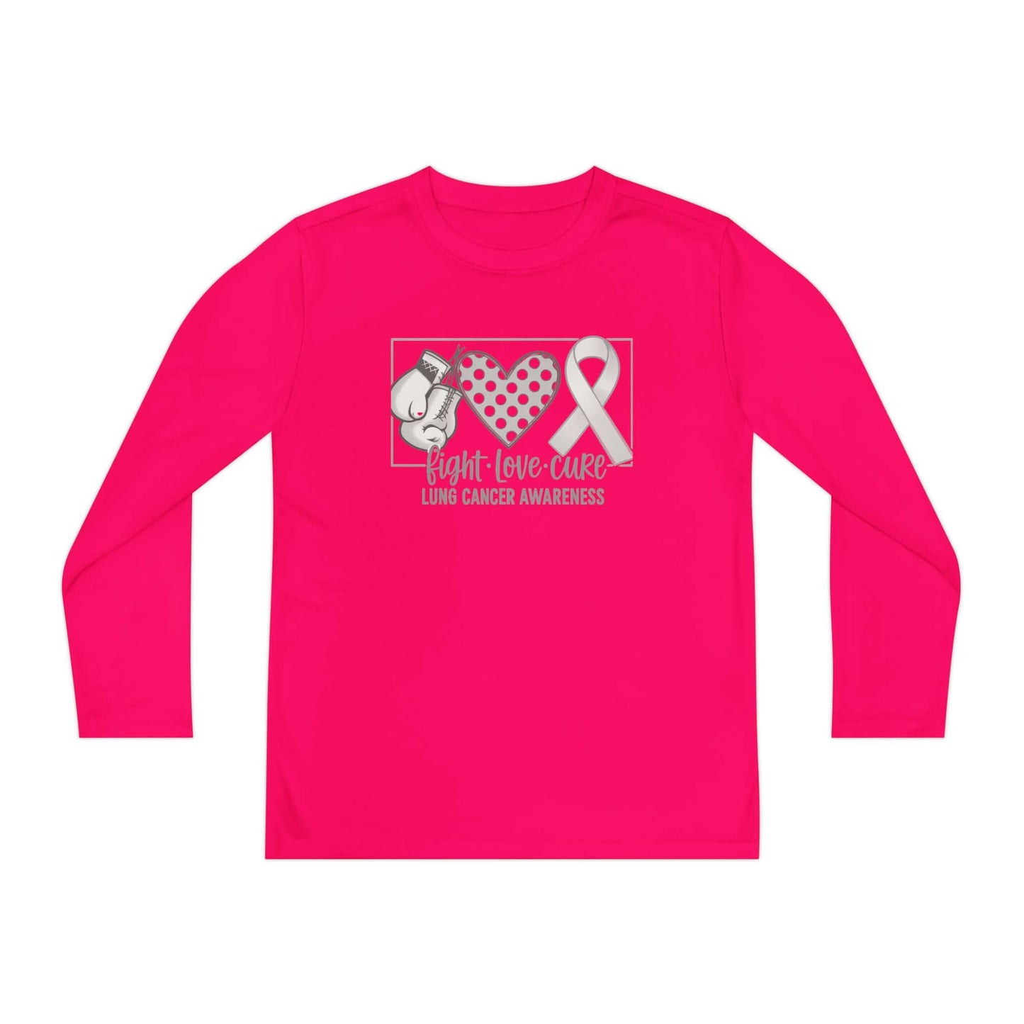 Fight Love Cure Lung Cancer Awareness Youth Long Sleeve Shirt | Kids Awareness Tee in vibrant pink with boxing gloves and awareness ribbon design.