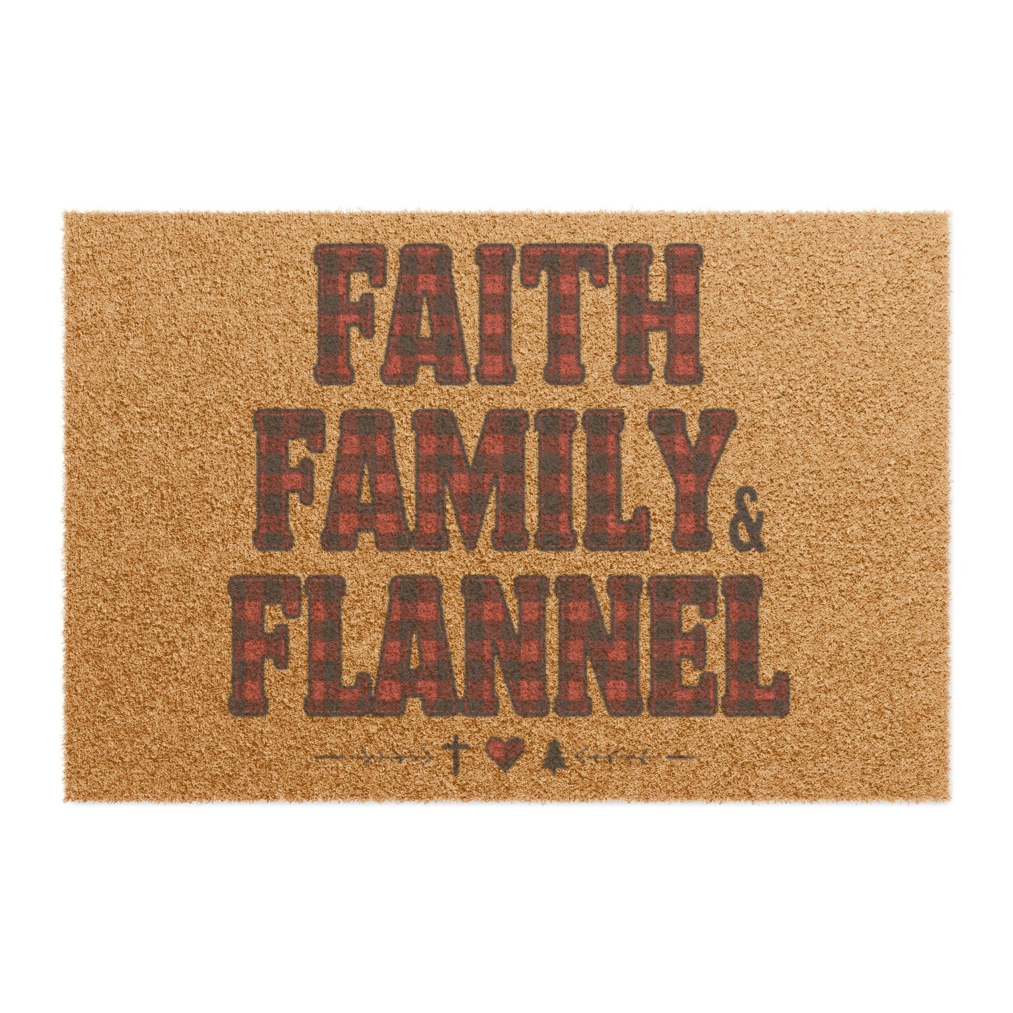 Faith, Family & Flannel Doormat | Rustic Plaid Fall & Winter Welcome Mat | Cozy Holiday Entryway Décor