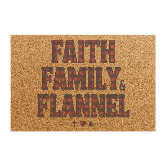 Faith, Family & Flannel Doormat | Rustic Plaid Fall & Winter Welcome Mat | Cozy Holiday Entryway Décor