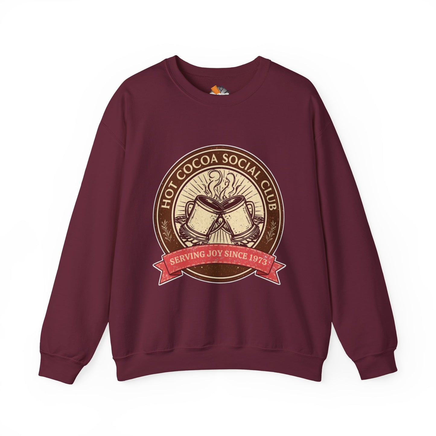 Hot Cocoa Social Club Crewneck Sweatshirt | Vintage Holiday Pullover | Cozy Winter “Serving Joy Since 1973” Sweatshirt