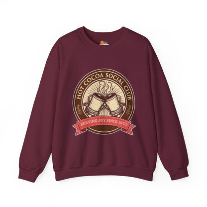 Hot Cocoa Social Club Crewneck Sweatshirt | Vintage Holiday Pullover | Cozy Winter “Serving Joy Since 1973” Sweatshirt