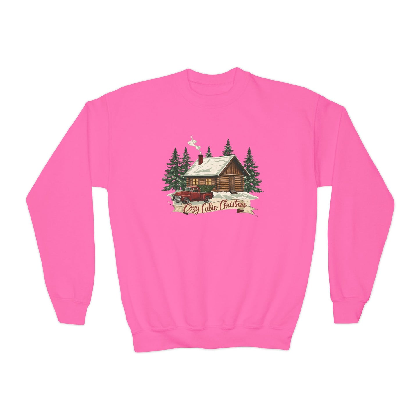 Cozy Cabin Christmas Youth Crewneck | Kids Holiday Sweatshirt | Vintage Cabin & Red Truck Christmas Sweater (10 Colors)