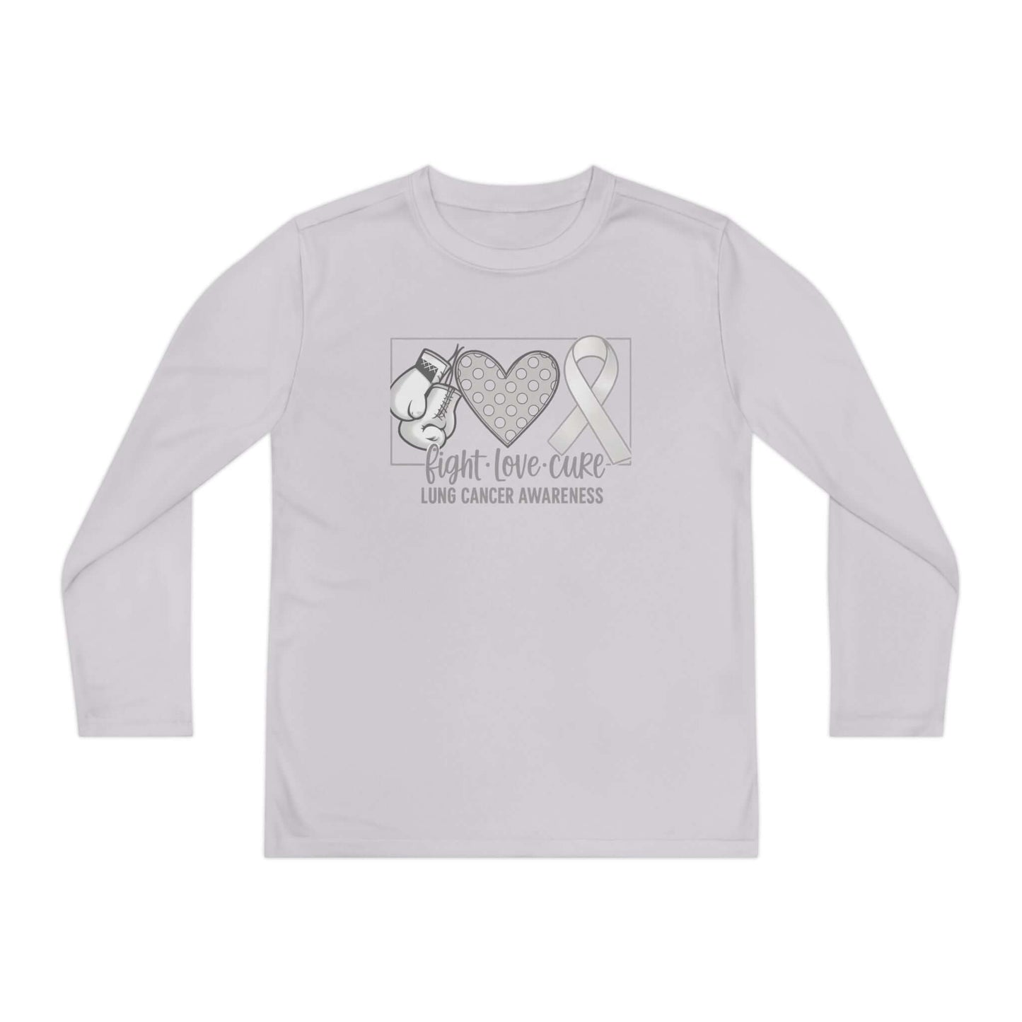 Fight Love Cure Lung Cancer Awareness Youth Long Sleeve Shirt | Kids Awareness Tee featuring boxing gloves, heart, and awareness ribbon.