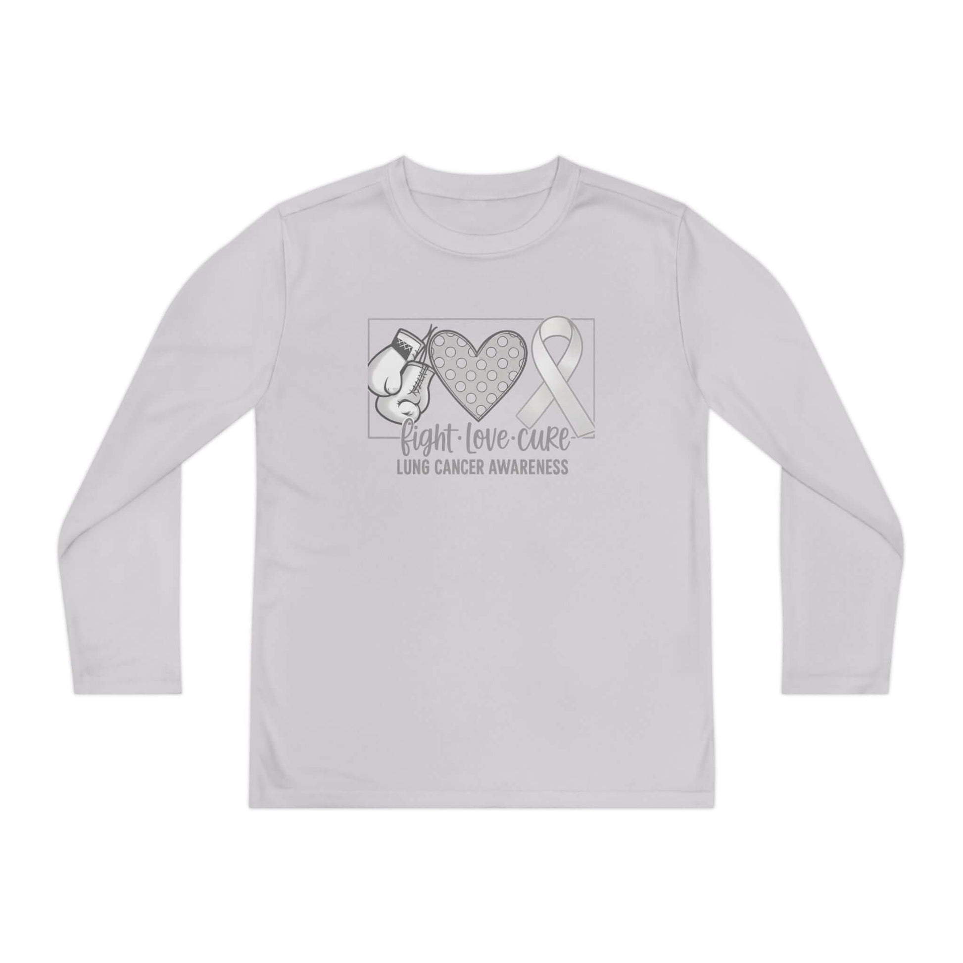 Fight Love Cure Lung Cancer Awareness Youth Long Sleeve Shirt | Kids Awareness Tee featuring boxing gloves, heart, and awareness ribbon.