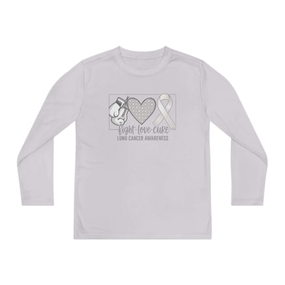 Fight Love Cure Lung Cancer Awareness Youth Long Sleeve Shirt | Kids Awareness Tee featuring boxing gloves, heart, and awareness ribbon.