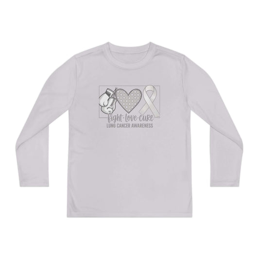 Fight Love Cure Lung Cancer Awareness Youth Long Sleeve Shirt | Kids Awareness Tee featuring boxing gloves, heart, and awareness ribbon.