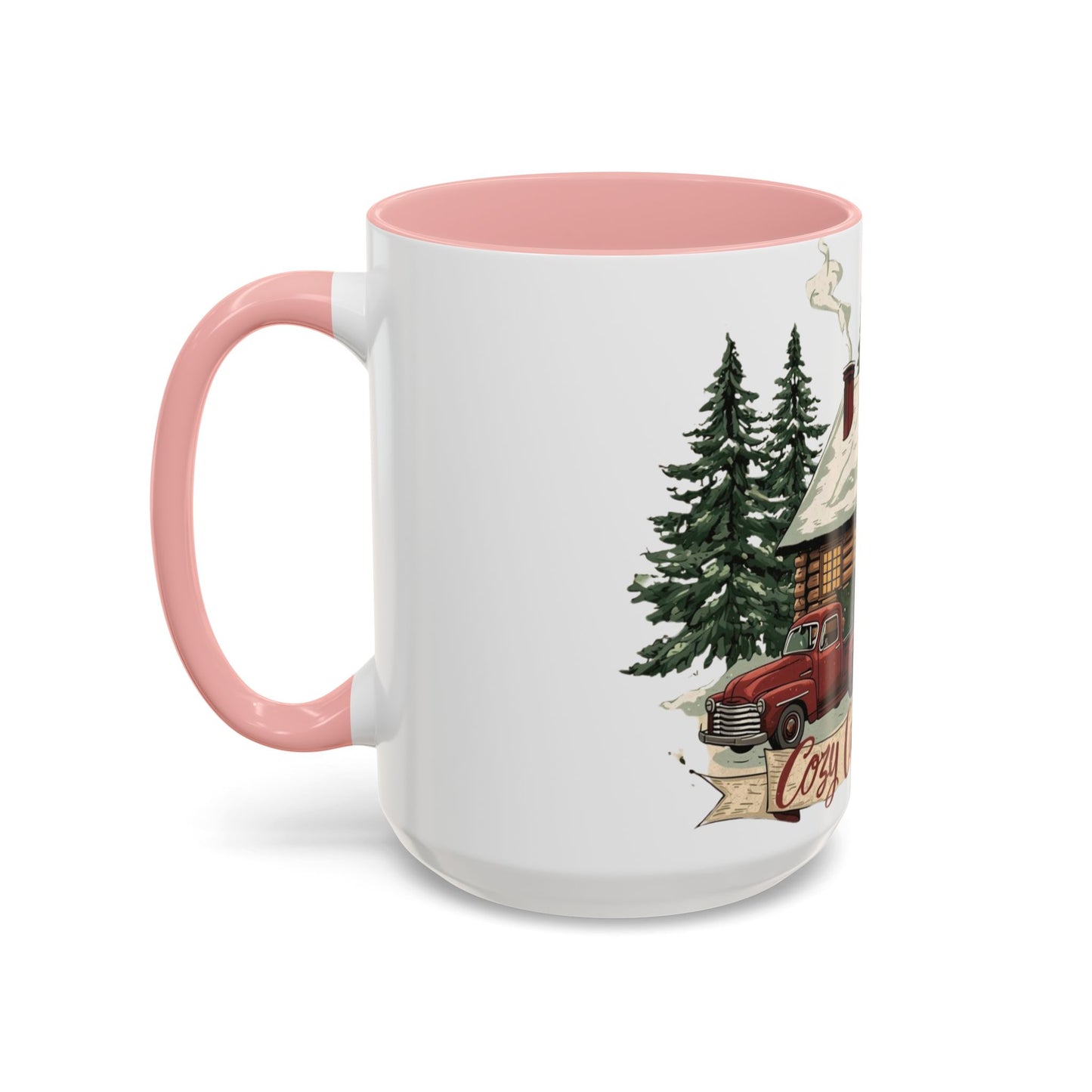 Cozy Cabin Christmas Accent Mug | Rustic Holiday Log Cabin Coffee Cup (11oz & 15oz | 8 Color Options for 11oz, 5 for 15oz)