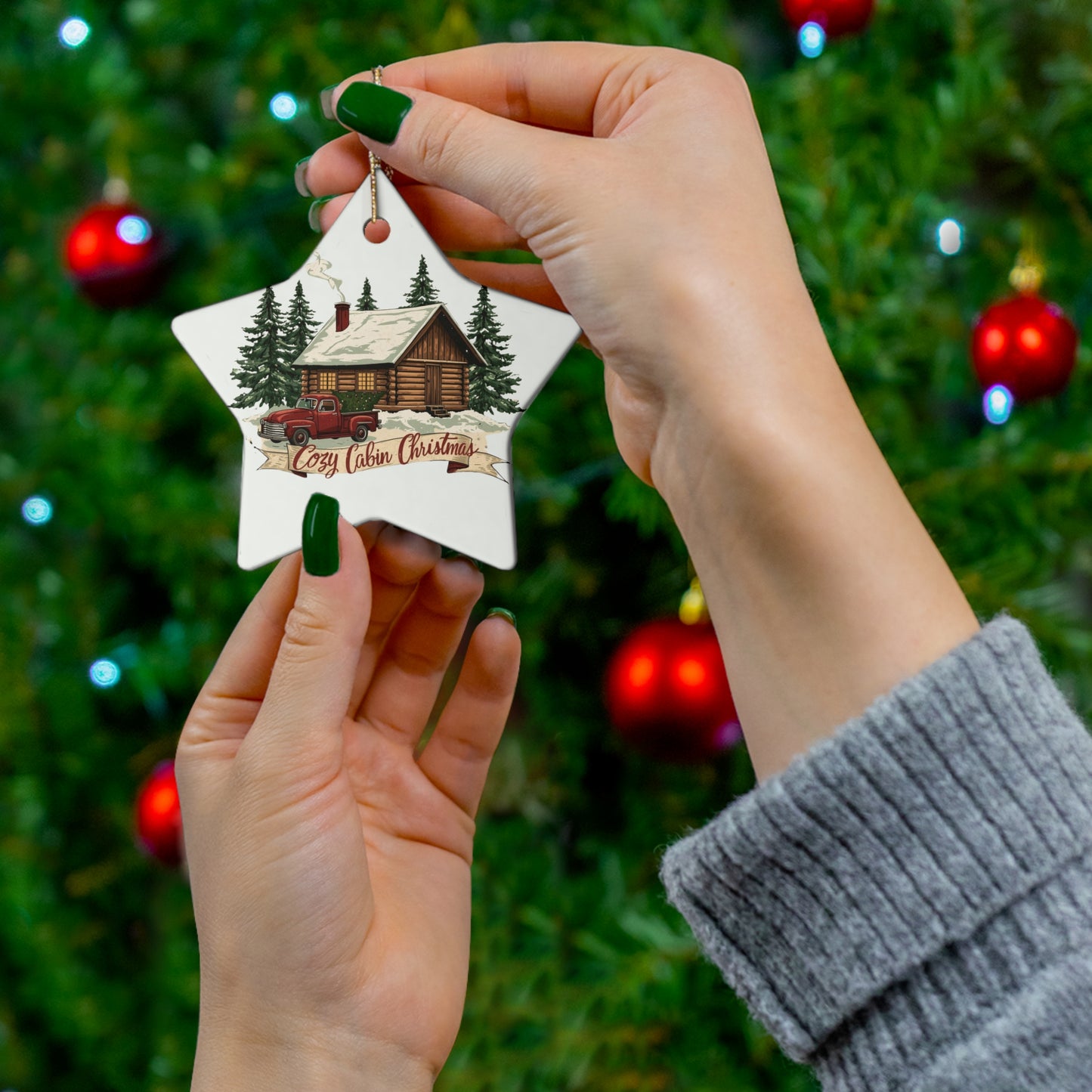 Cozy Cabin Christmas Ceramic Ornament | Rustic Holiday Cabin Ornament | Vintage Truck Christmas Décor (4 Shape Options)