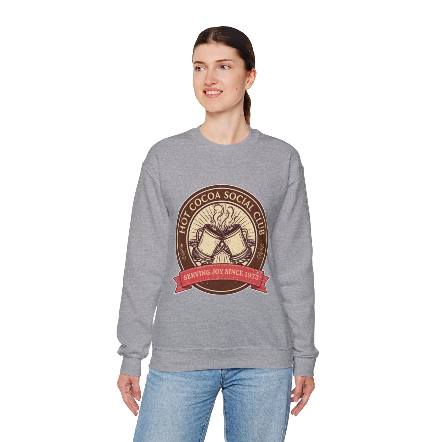 Hot Cocoa Social Club Crewneck Sweatshirt | Vintage Holiday Pullover | Cozy Winter “Serving Joy Since 1973” Sweatshirt