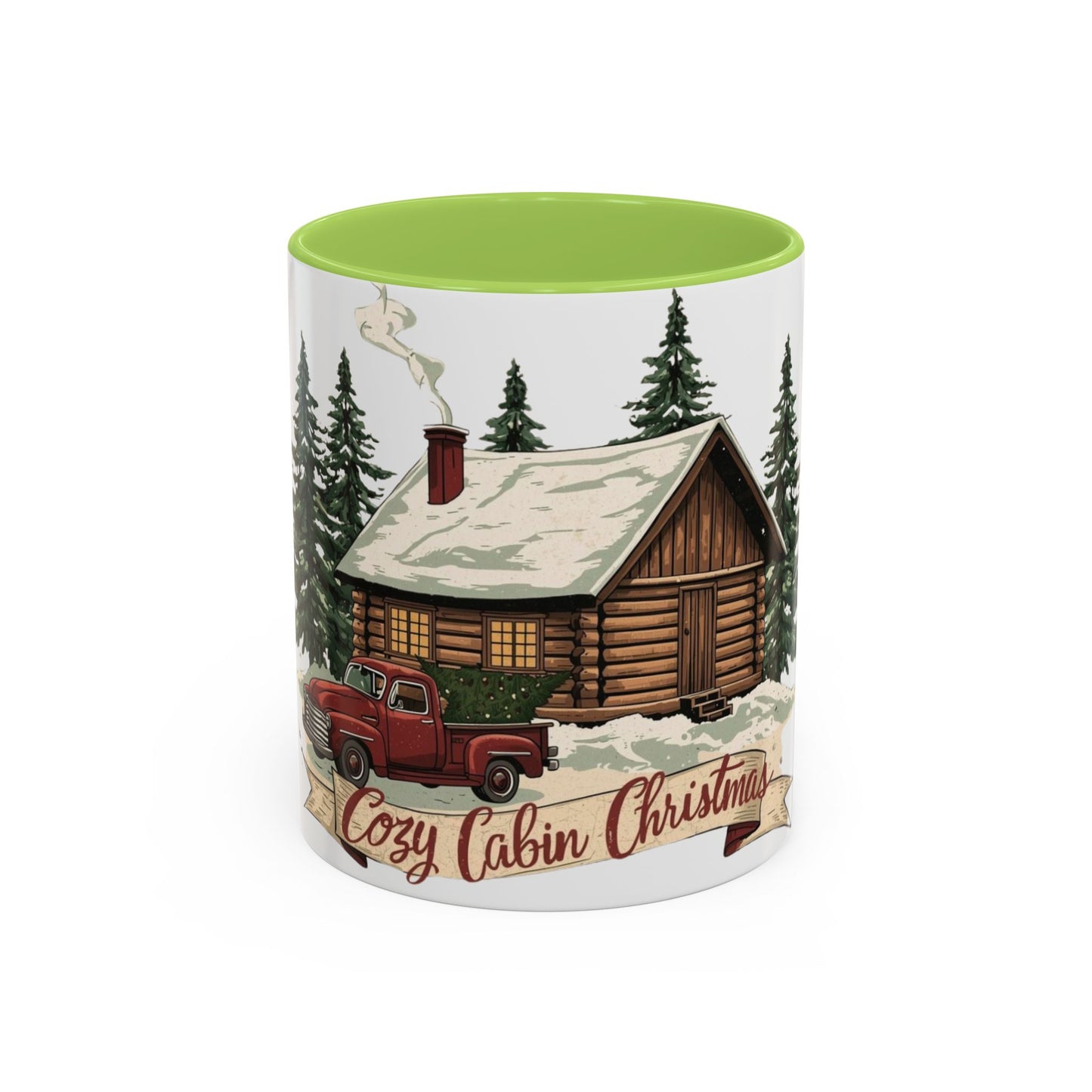 Cozy Cabin Christmas Accent Mug | Rustic Holiday Log Cabin Coffee Cup (11oz & 15oz | 8 Color Options for 11oz, 5 for 15oz)