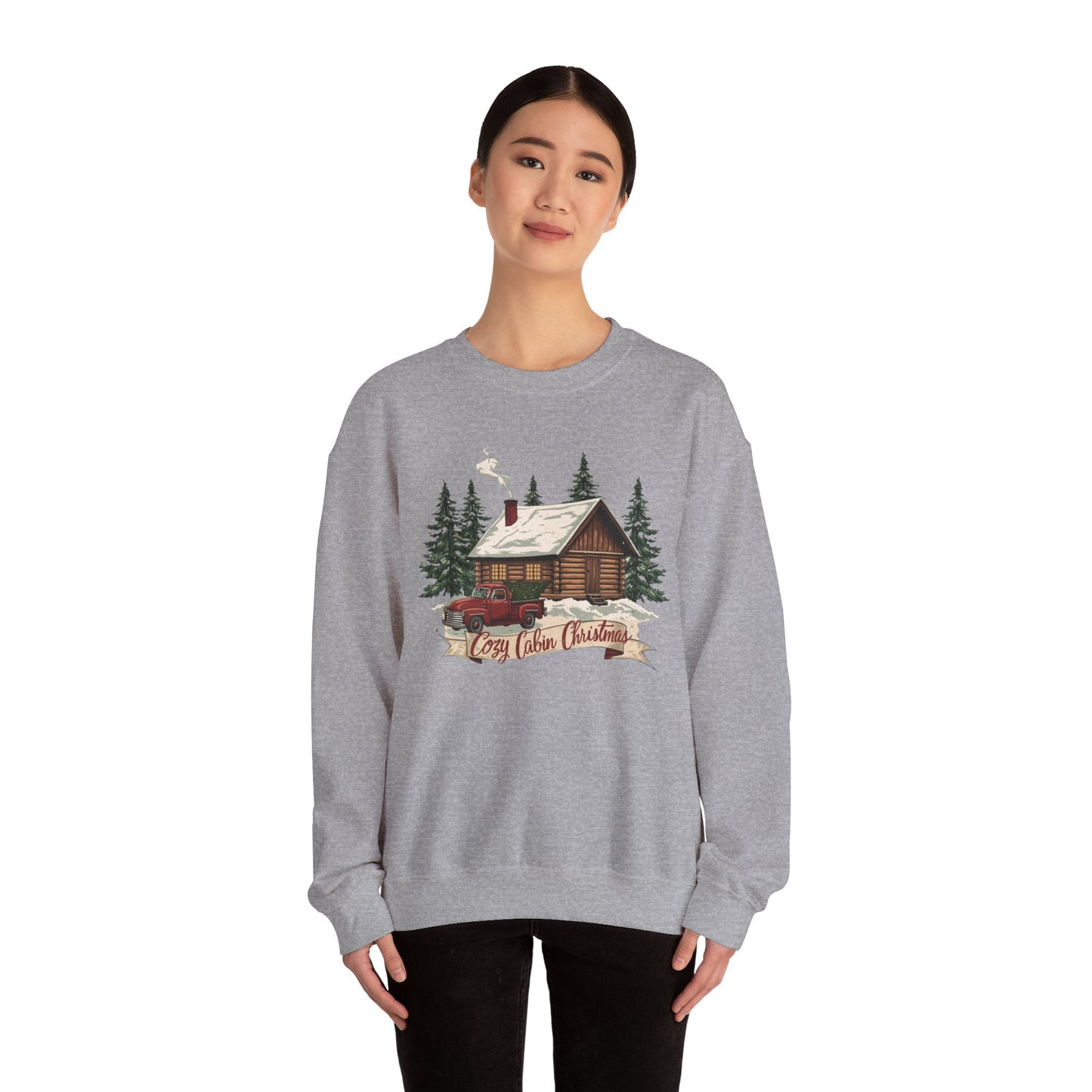 Cozy Cabin Christmas Crewneck Sweatshirt | Rustic Red Truck Holiday Sweater (9 Color Options)
