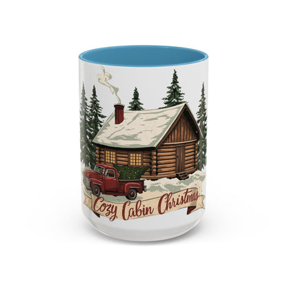 Cozy Cabin Christmas Accent Mug | Rustic Holiday Log Cabin Coffee Cup (11oz & 15oz | 8 Color Options for 11oz, 5 for 15oz)