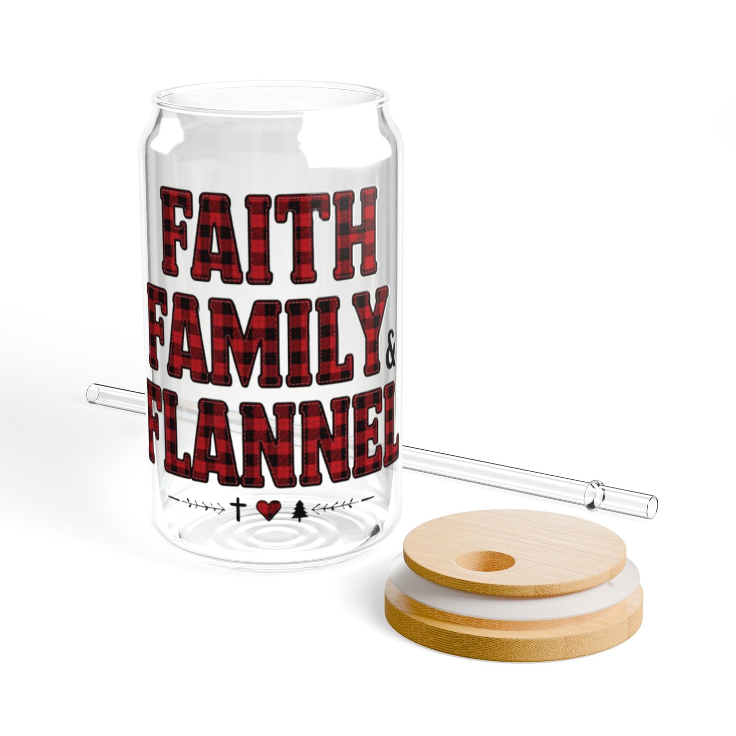 Faith, Family & Flannel Glass Sipper Cup | Christian Bamboo Lid Iced Coffee Glass with Straw