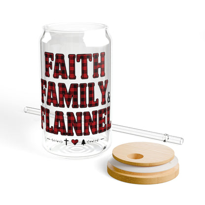 Faith, Family & Flannel Glass Sipper Cup | Christian Bamboo Lid Iced Coffee Glass with Straw