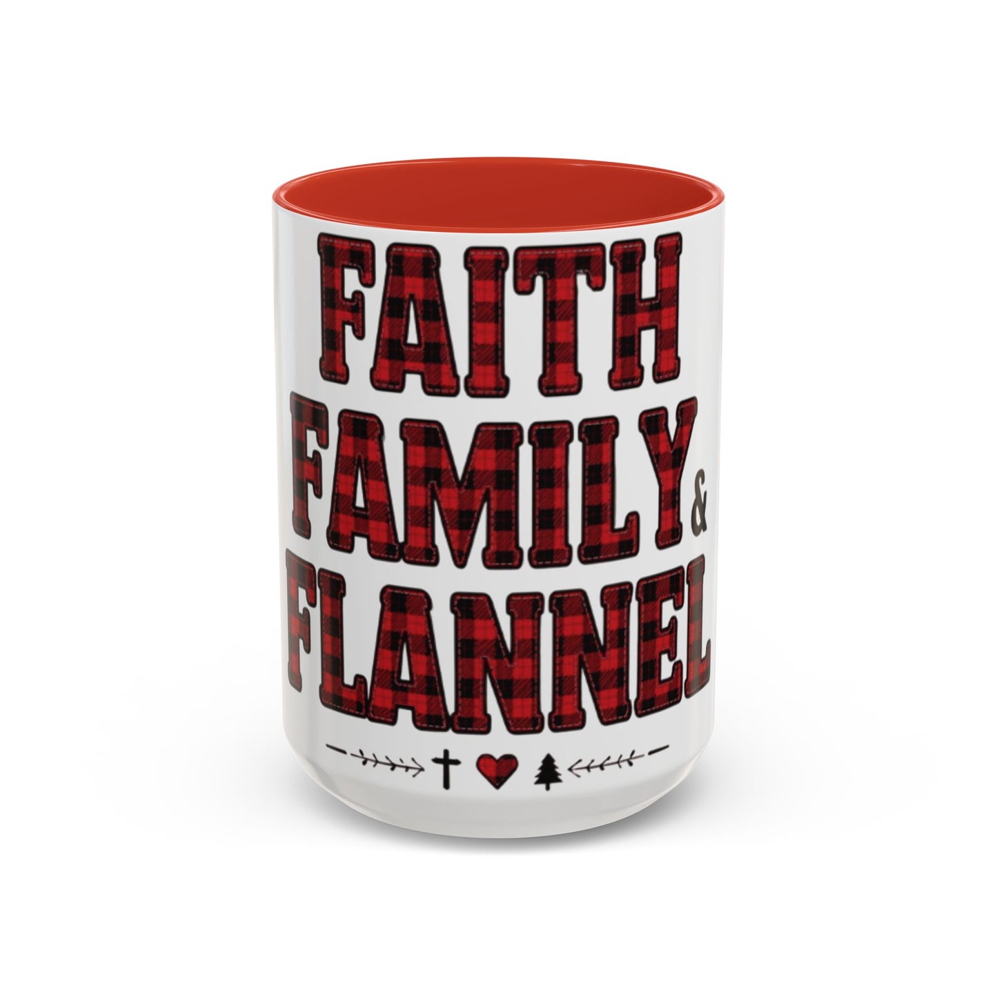 Faith, Family & Flannel Accent Mug | 11oz & 15oz Christian Coffee Cup (Multiple Colors)