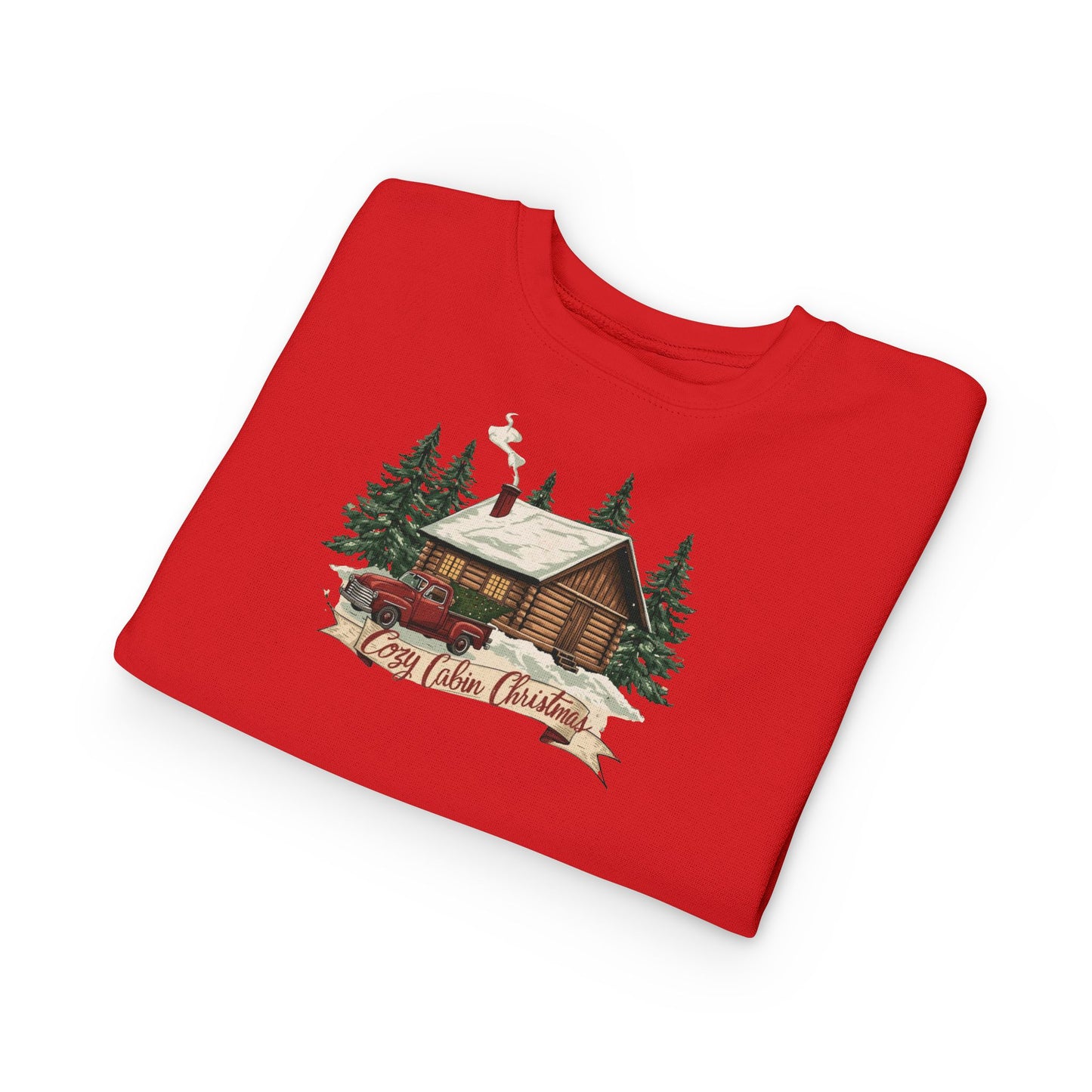 Cozy Cabin Christmas Toddler Crewneck | Kids Holiday Sweatshirt | Vintage Red Truck & Cabin Christmas Sweater (8 Colors)