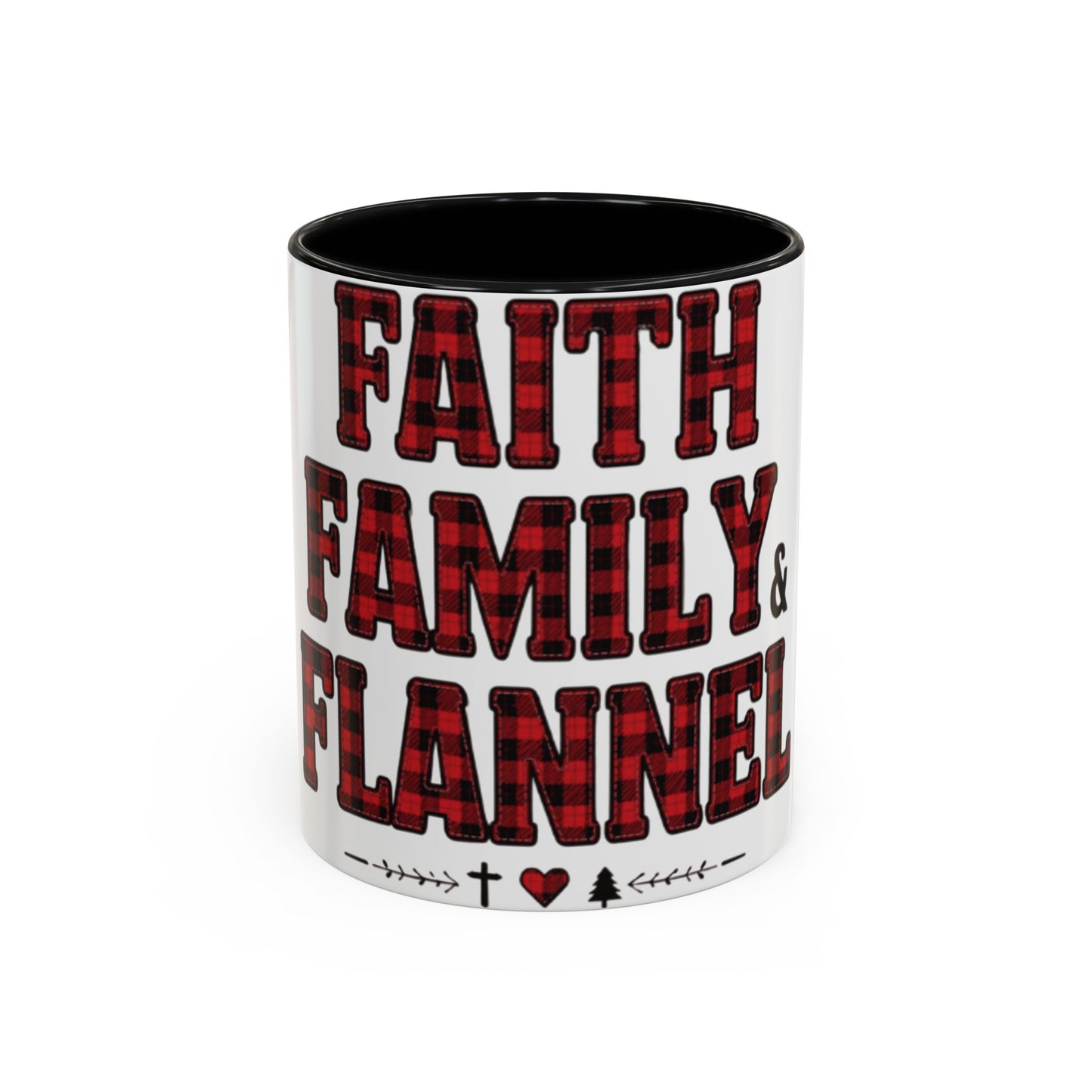 Faith, Family & Flannel Accent Mug | 11oz & 15oz Christian Coffee Cup (Multiple Colors)