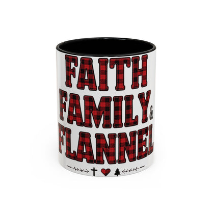 Faith, Family & Flannel Accent Mug | 11oz & 15oz Christian Coffee Cup (Multiple Colors)