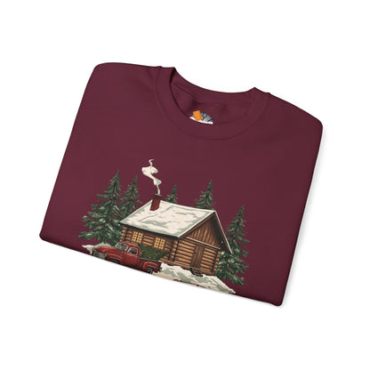 Cozy Cabin Christmas Crewneck Sweatshirt | Rustic Red Truck Holiday Sweater (9 Color Options)