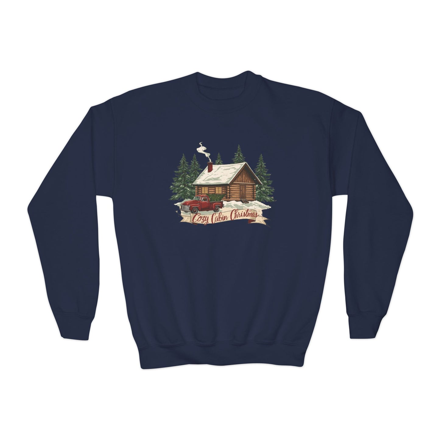 Cozy Cabin Christmas Youth Crewneck | Kids Holiday Sweatshirt | Vintage Cabin & Red Truck Christmas Sweater (10 Colors)