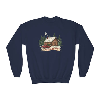 Cozy Cabin Christmas Youth Crewneck | Kids Holiday Sweatshirt | Vintage Cabin & Red Truck Christmas Sweater (10 Colors)