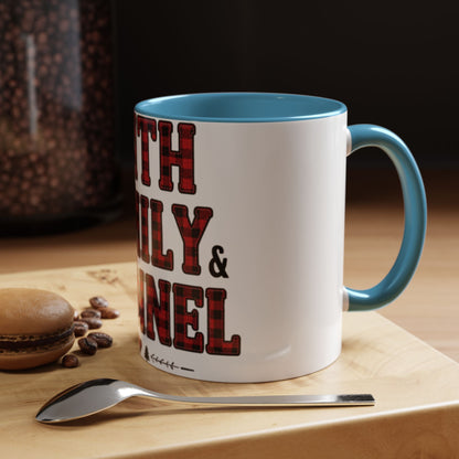 Faith, Family & Flannel Accent Mug | 11oz & 15oz Christian Coffee Cup (Multiple Colors)