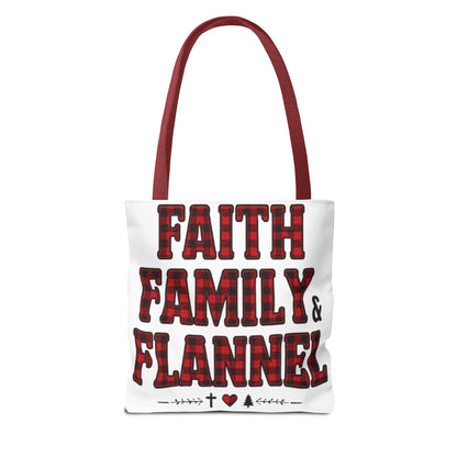 Faith, Family & Flannel Tote Bag | Buffalo Plaid Christian Tote (5 Handle Colors)