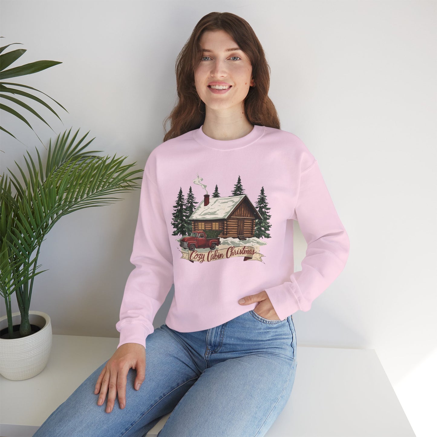 Cozy Cabin Christmas Crewneck Sweatshirt | Rustic Red Truck Holiday Sweater (9 Color Options)