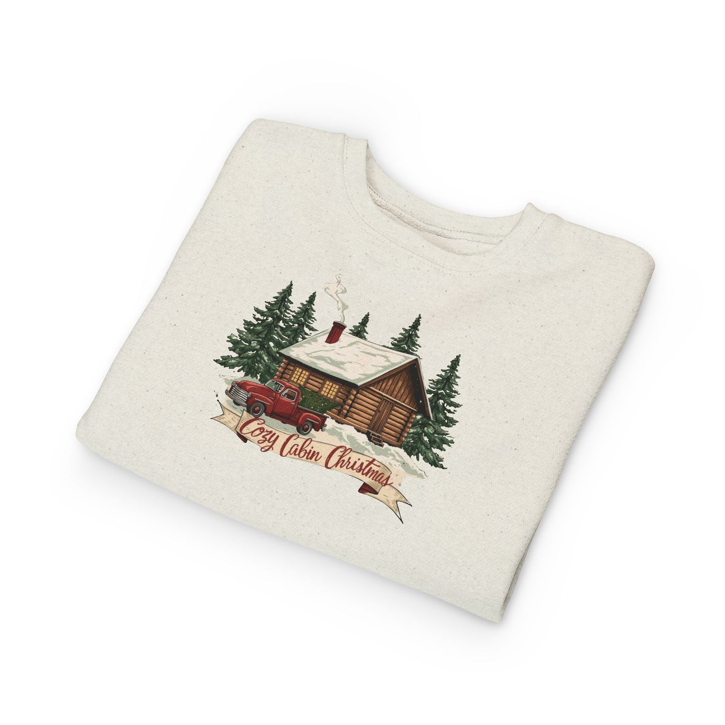 Cozy Cabin Christmas Toddler Crewneck | Kids Holiday Sweatshirt | Vintage Red Truck & Cabin Christmas Sweater (8 Colors)