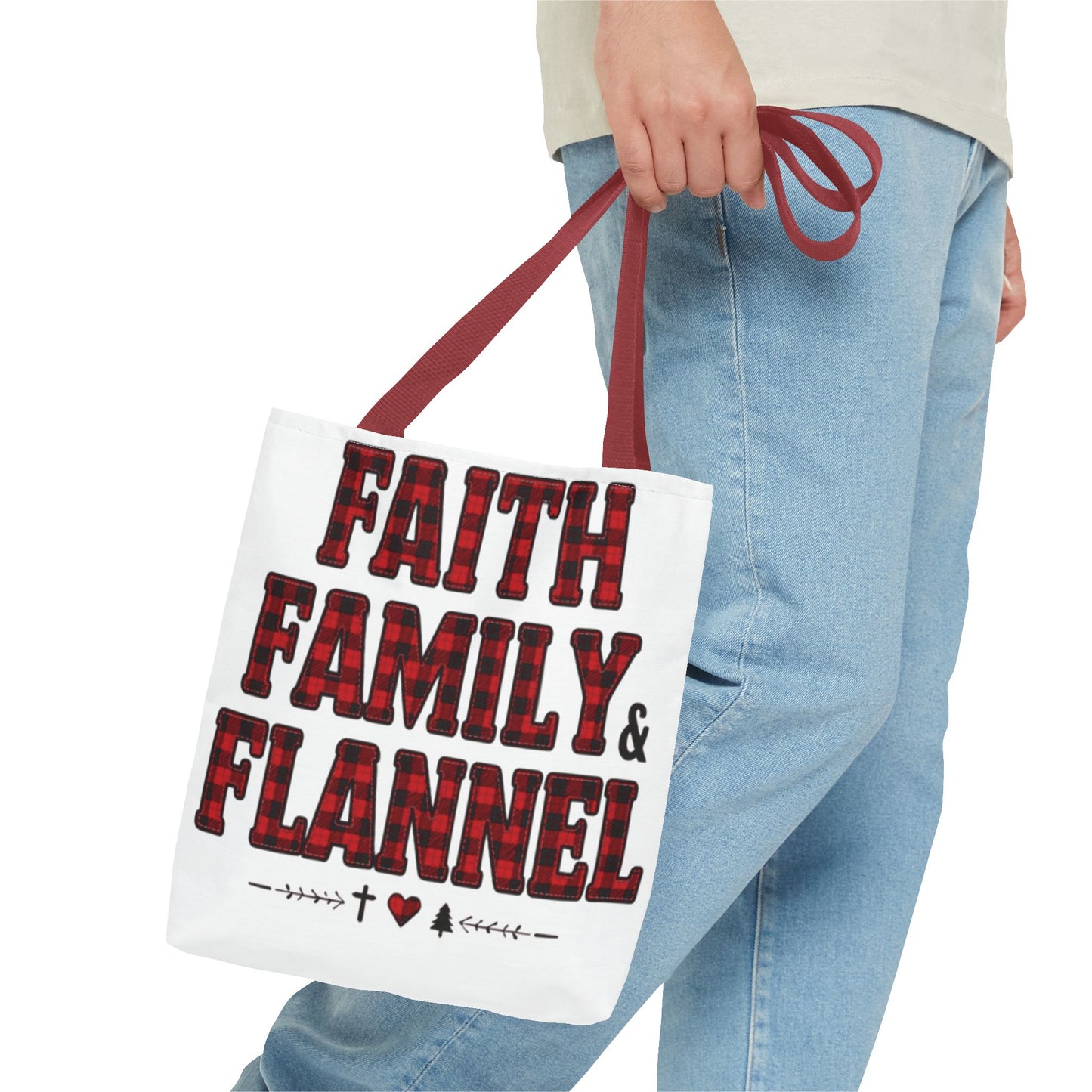 Faith, Family & Flannel Tote Bag | Buffalo Plaid Christian Tote (5 Handle Colors)