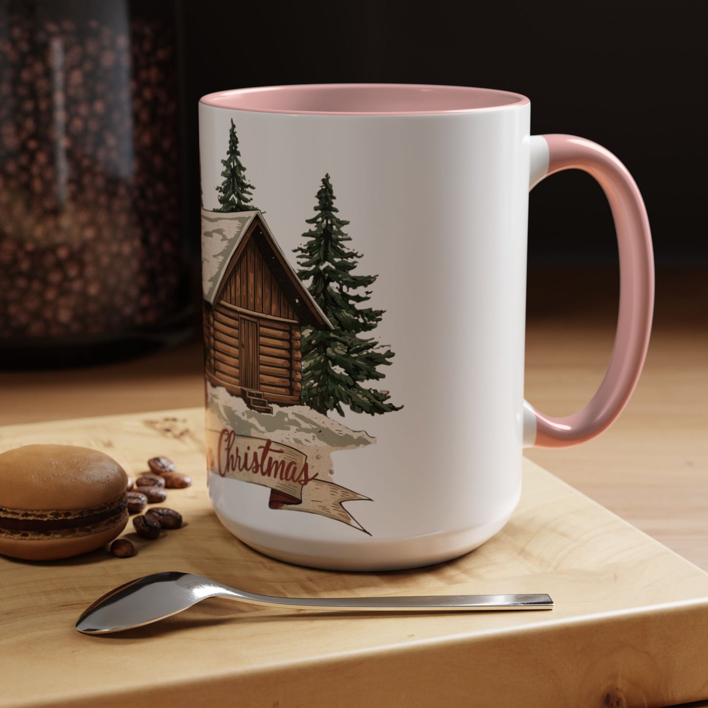 Cozy Cabin Christmas Accent Mug | Rustic Holiday Log Cabin Coffee Cup (11oz & 15oz | 8 Color Options for 11oz, 5 for 15oz)