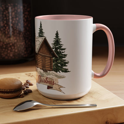 Cozy Cabin Christmas Accent Mug | Rustic Holiday Log Cabin Coffee Cup (11oz & 15oz | 8 Color Options for 11oz, 5 for 15oz)