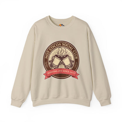 Hot Cocoa Social Club Crewneck Sweatshirt | Vintage Holiday Pullover | Cozy Winter “Serving Joy Since 1973” Sweatshirt