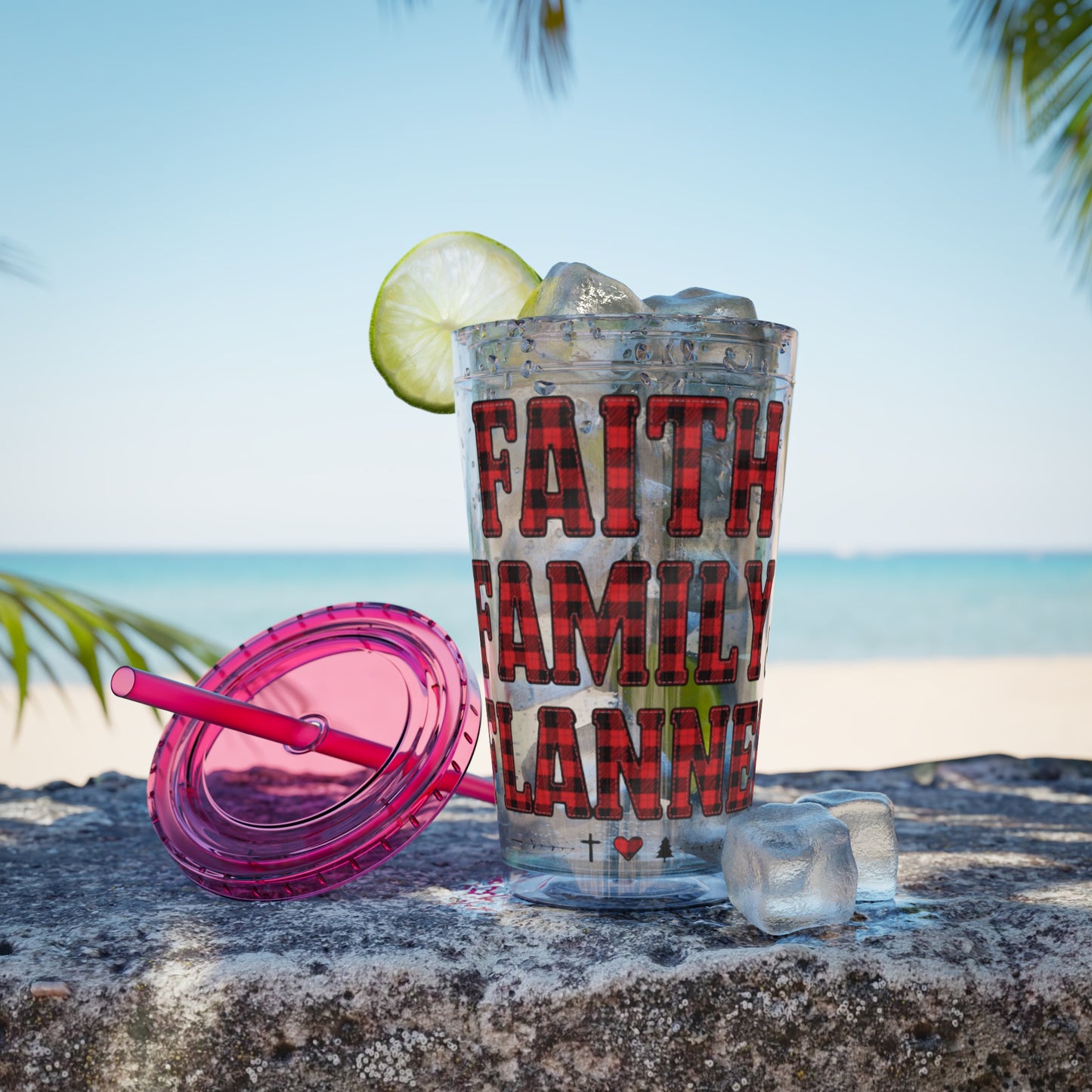 Faith, Family & Flannel Acrylic Tumbler with Straw | Christian Buffalo Plaid Cup (9 Color Options)