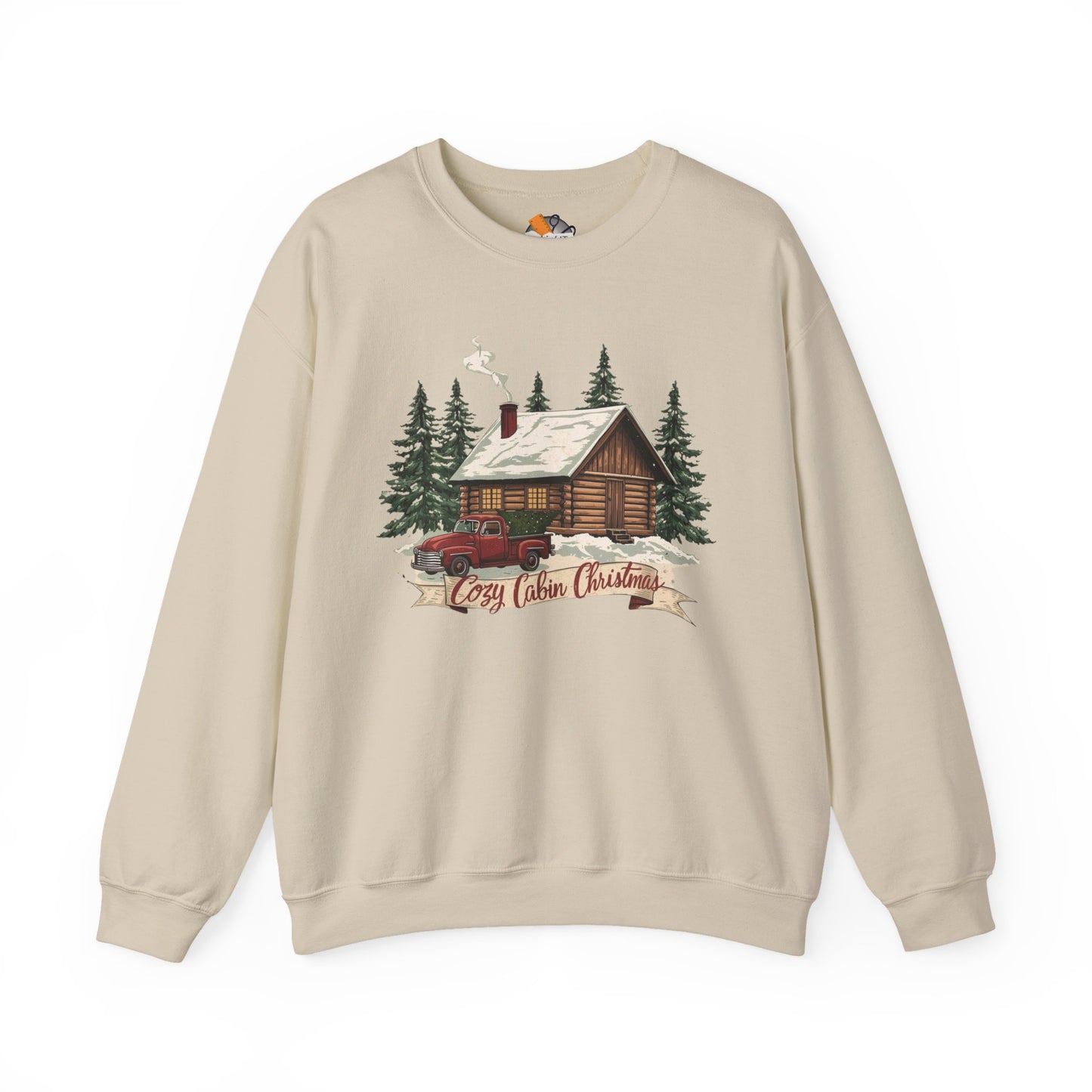 Cozy Cabin Christmas Crewneck Sweatshirt | Rustic Red Truck Holiday Sweater (9 Color Options)