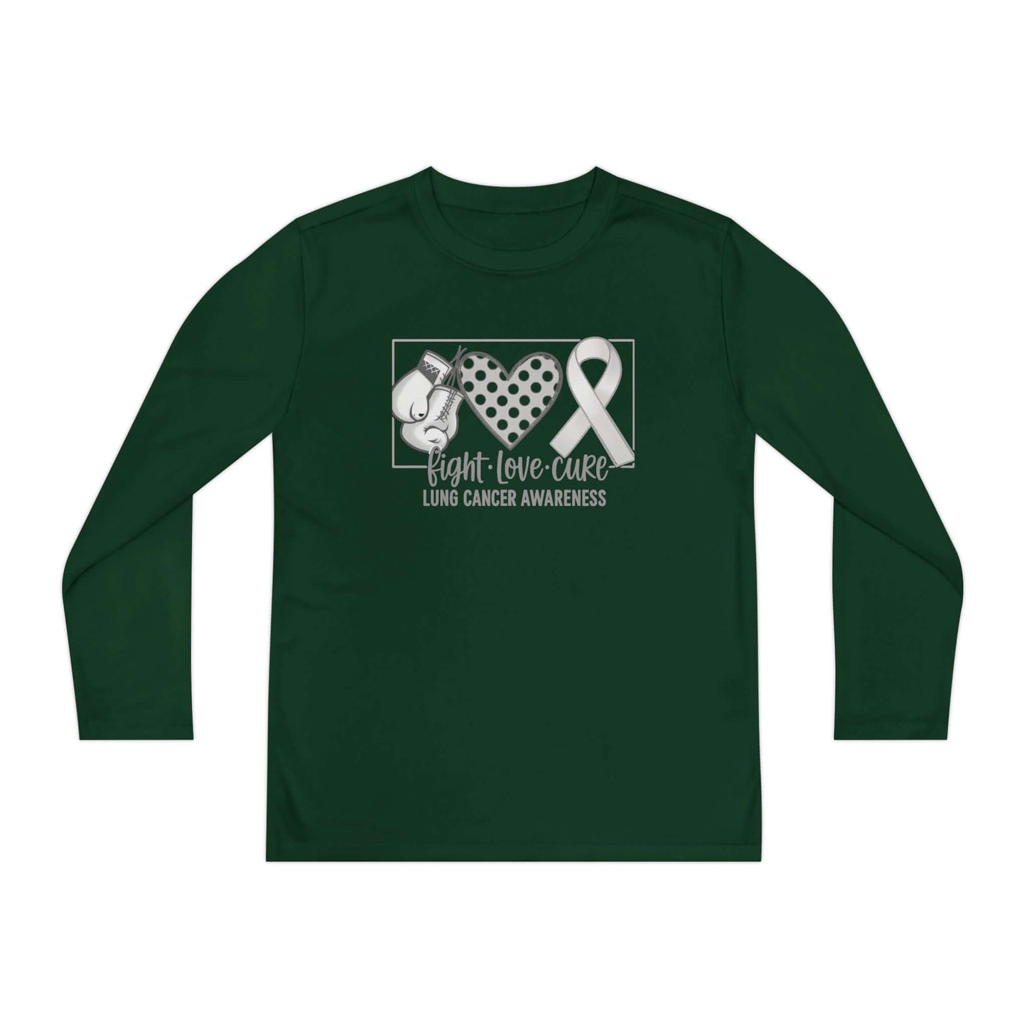 Fight Love Cure Lung Cancer Awareness Youth Long Sleeve Shirt | Kids Awareness Tee showcasing boxing gloves and awareness ribbon.