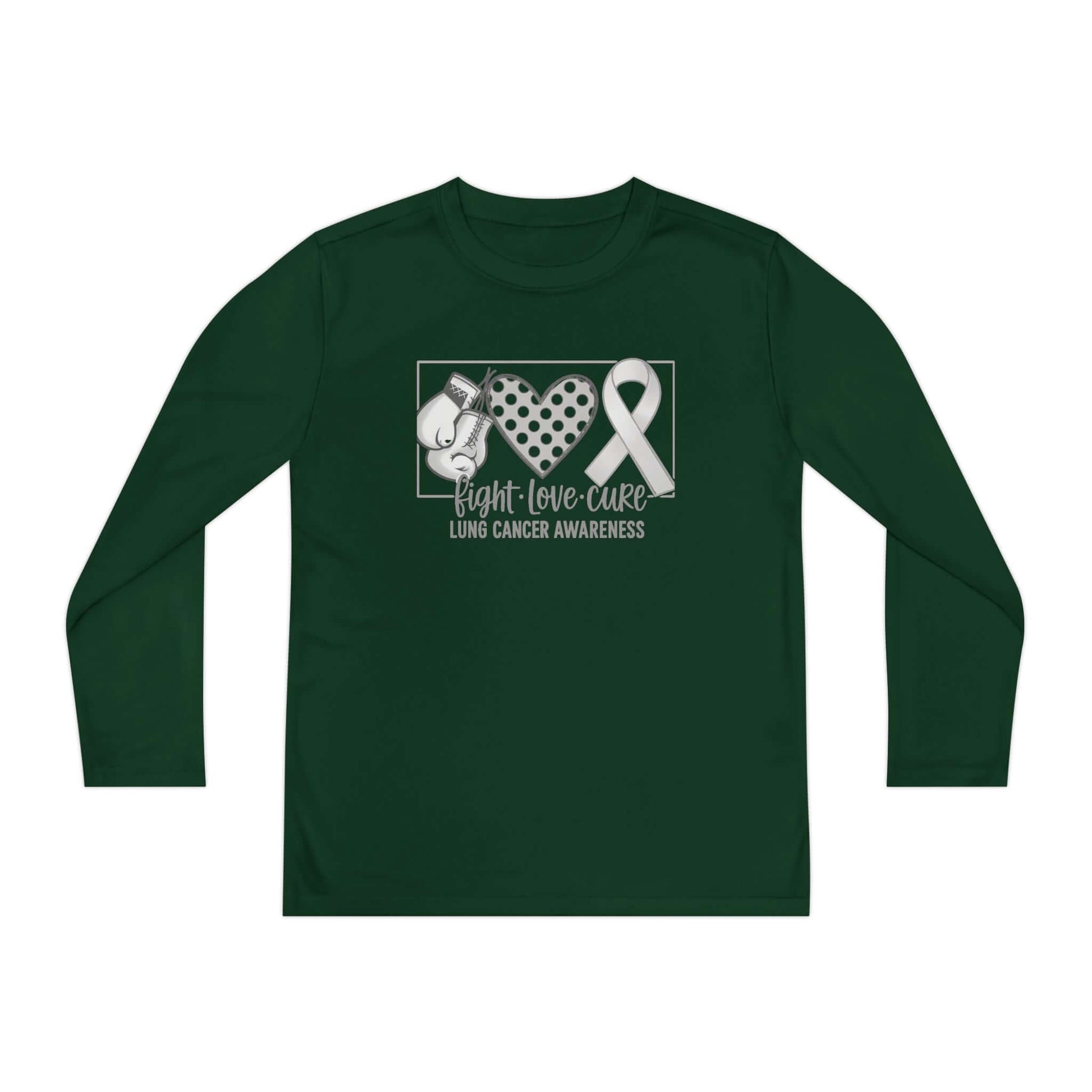 Fight Love Cure Lung Cancer Awareness Youth Long Sleeve Shirt | Kids Awareness Tee showcasing boxing gloves and awareness ribbon.