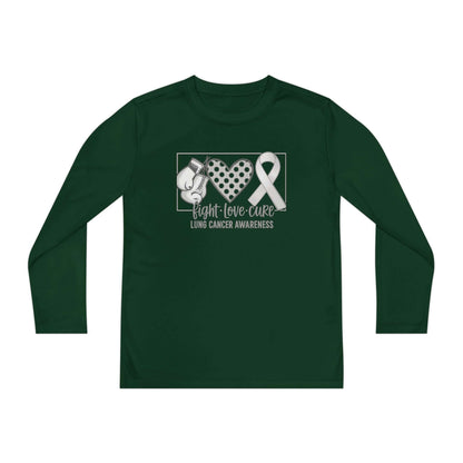 Fight Love Cure Lung Cancer Awareness Youth Long Sleeve Shirt | Kids Awareness Tee showcasing boxing gloves and awareness ribbon.