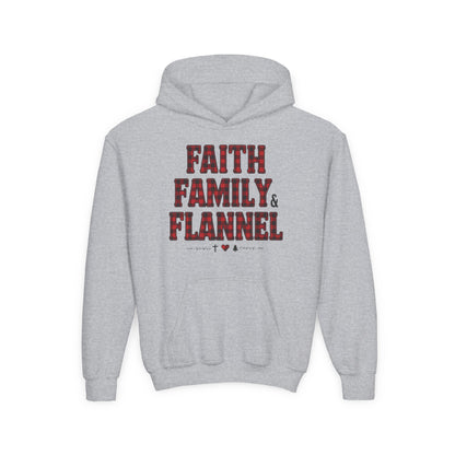 Faith, Family & Flannel Youth Hoodie | Cozy Christian Fall & Holiday Sweatshirt (4 Color Options)