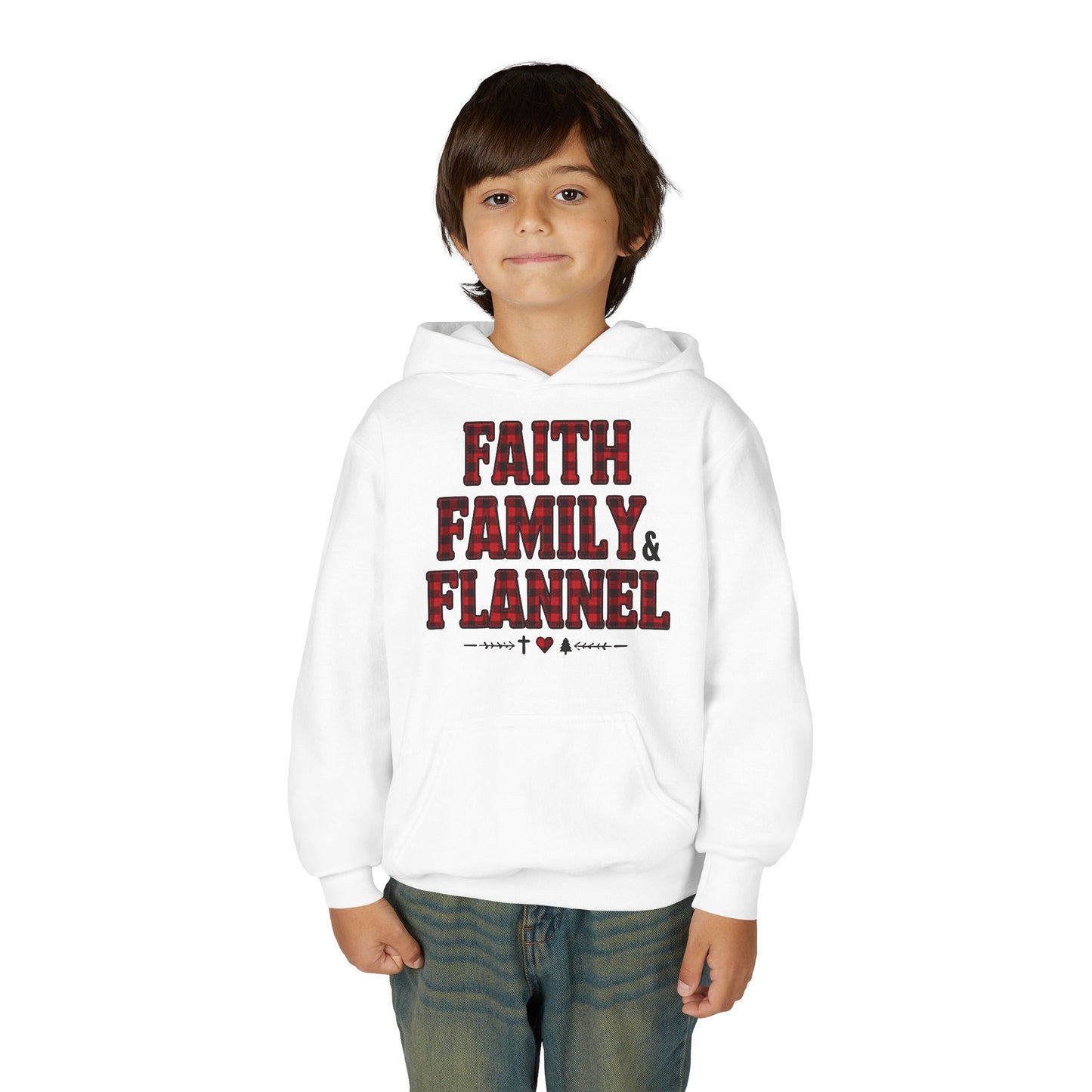 Faith, Family & Flannel Youth Hoodie | Cozy Christian Fall & Holiday Sweatshirt (4 Color Options)