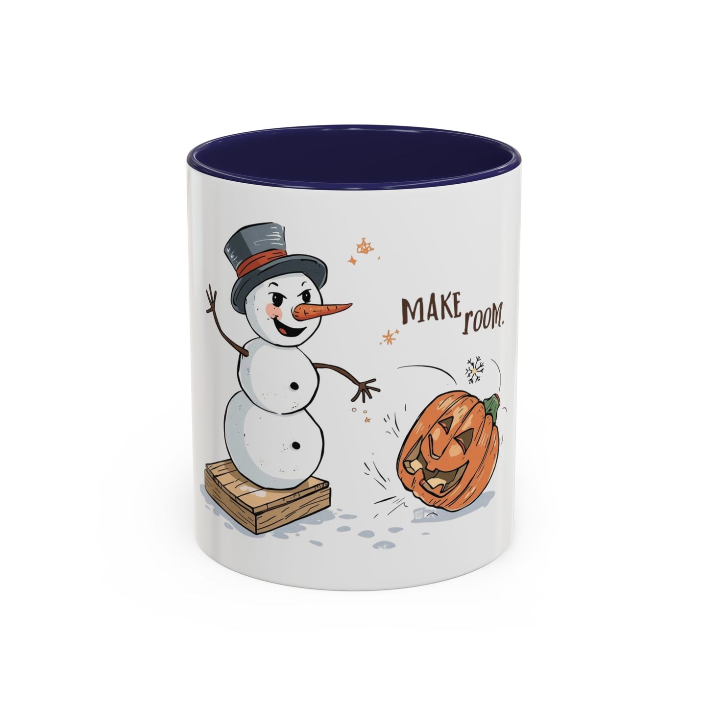 Winter to Fall Humor Mug – “Make Room” Snowman & Pumpkin Mug