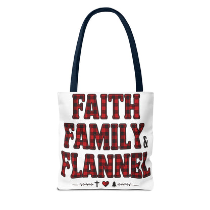 Faith, Family & Flannel Tote Bag | Buffalo Plaid Christian Tote (5 Handle Colors)