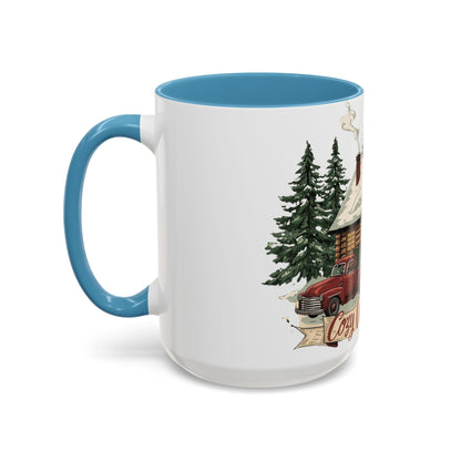 Cozy Cabin Christmas Accent Mug | Rustic Holiday Log Cabin Coffee Cup (11oz & 15oz | 8 Color Options for 11oz, 5 for 15oz)